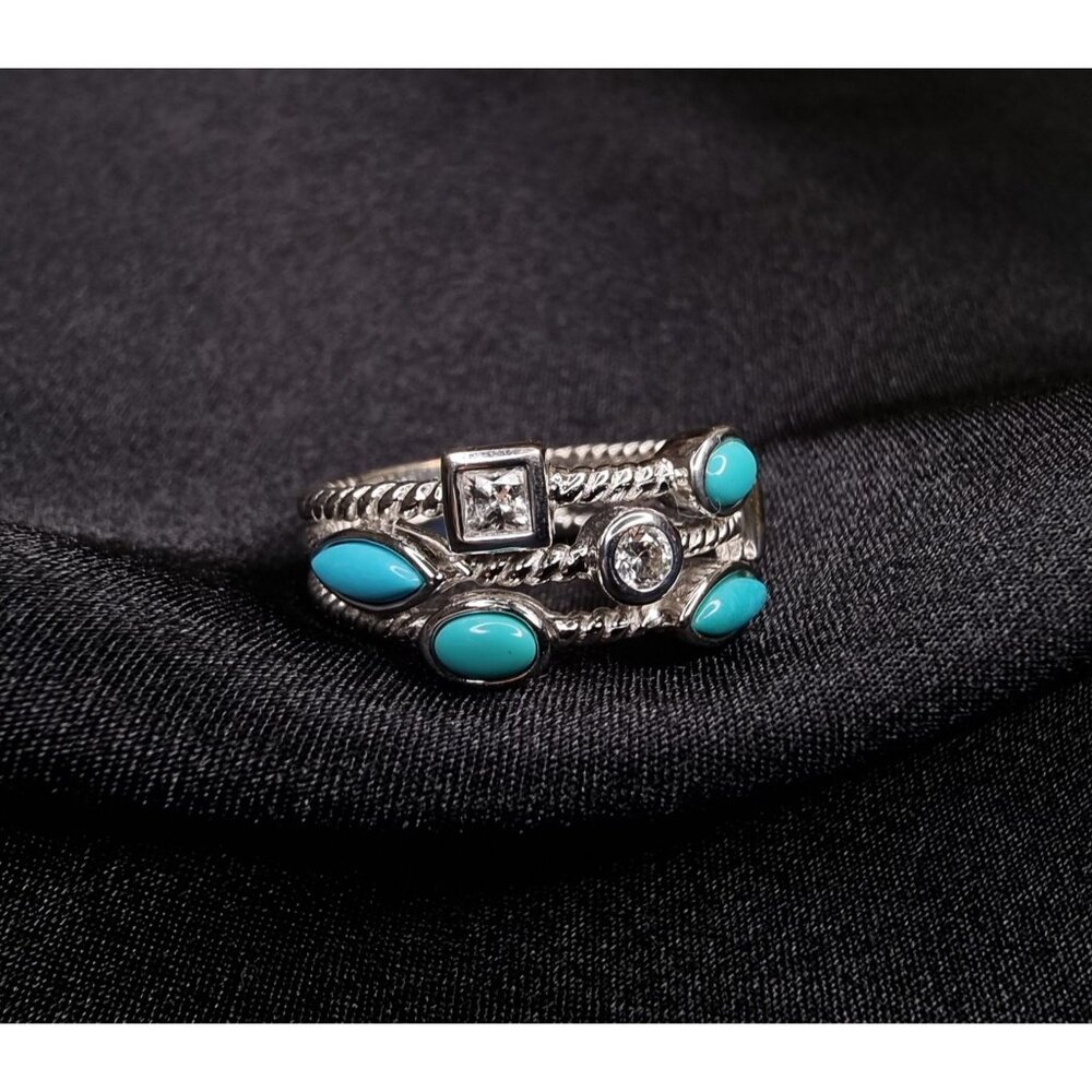 Vintage 925 Sterling Silver Faux Turquoise & CZ Multi-Stone Ring Size 11.5